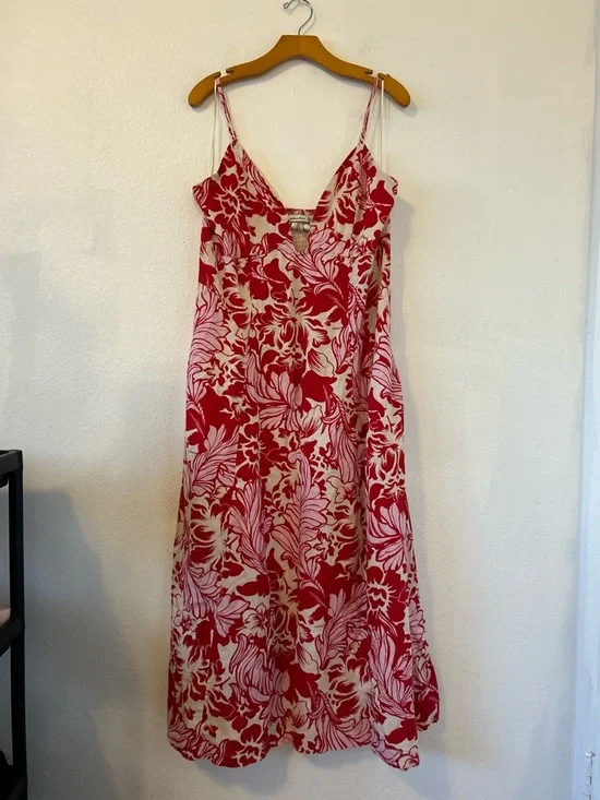 Abercrombie & Fitch Beaded Flowy Floral Red Pink Midi Dress Linen Blend Size XL - Picture 6 of 13